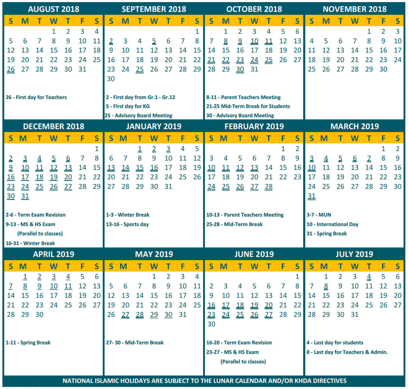 NIS Dubai Academic Calendar 2018/19